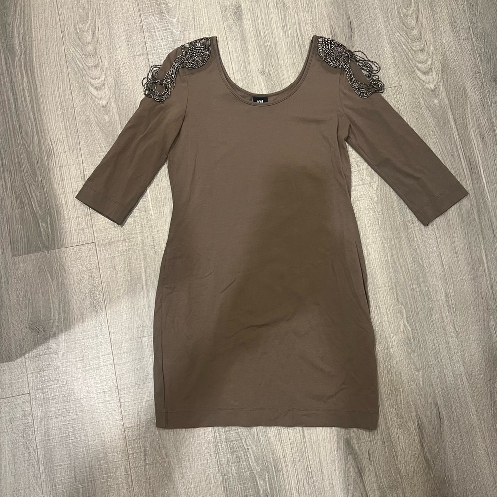 H&M Brown 3/4 Sleeve Mini Dress with Lace & Bead Detail